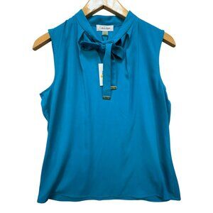 Calvin Klein Tie-Neck Womens Sleeveless Blouse Top Size S Teal Blue Work NWT